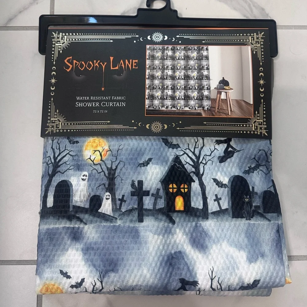 Spooky Lane Halloween Haunted House Graveyard Shower Curtain - Black and Yellow